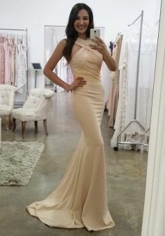 Mermaid Cross Neck Sweep Train Beige Elastic Satin Prom Dress with Lace