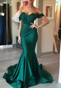 Mermaid Off-the-Shoulder Sweep Train Dark Green Pleated Prom Dress