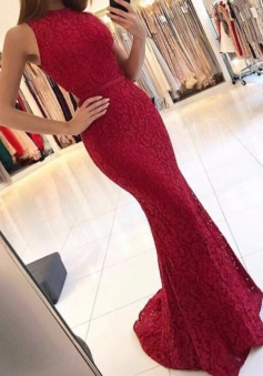 Mermaid Round Neck Sweep Train Dark Red Lace Prom Dress Cut Out