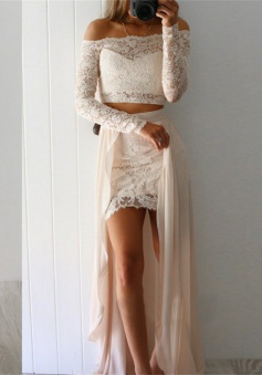 Two Piece High Low Ivory Chiffon Prom Dress with Lace Sleeves