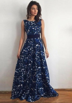 A-Line Bateau V-Back Dark Blue Lace Prom Dress with Sash