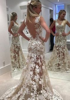 Sheath Scoop Illusion Back Sweep Train White Lace Prom Dress