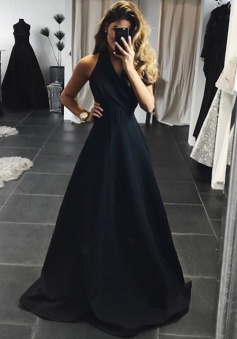 A-Line Halter Backless Sweep Train Black Satin Prom Dress