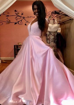 A-Line V-Neck Backless Pink Satin Beaded Prom Dress with Pockets