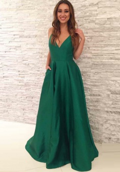 A-line V-Neck Floor-Length Pleated Hunter Satin Prom Dress with Pockets