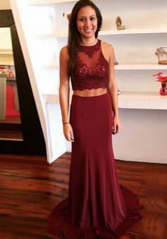 Sheath Two Piece Round Neck Maroon Spandex Prom Dress with Lace