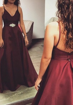 A-Line Spaghetti Straps Burgundy Satin Prom Dress with Beading