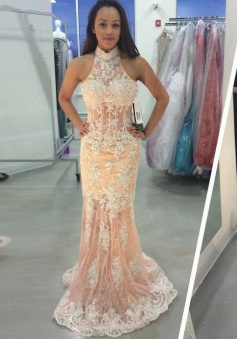 Mermaid High Neck Open Back Pearl Pink Lace Appliques Prom Dress