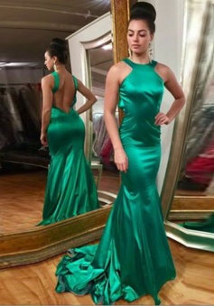 Mermaid Style Jewel Backless Hunter Elastic Satin Prom Dress