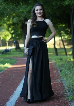 Two Piece Spaghetti Straps Floor-Length Black Prom Dress with Lace Split