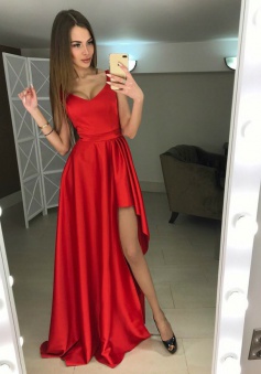 A-Line Scoop Sweep Train Red Satin Prom Dress with Split