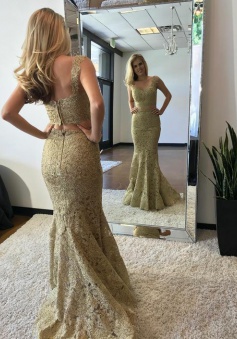 Two Piece Mermaid V-Neck Sweep Train Champagne Lace Prom Dress
