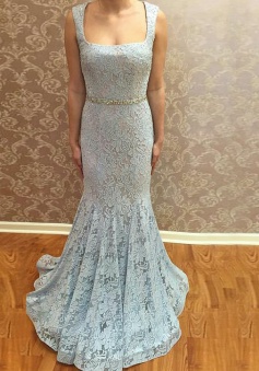 Mermaid Square Neck Sweep Train Blue Lace Prom Dress with Beading