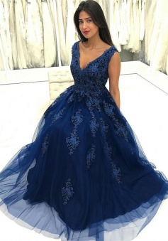 A-Line V-Neck Floor-Length Dark Blue Tulle Prom Dress with Appliques