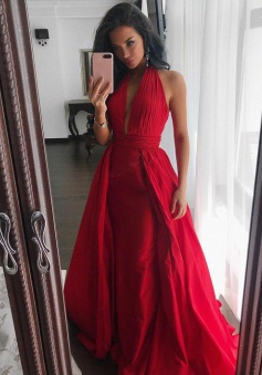 Sheath Halter Sleeveless Sweep Train Pleated Red Satin Prom Dress