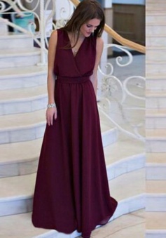 A-Line V-Neck Floor-Length Grape Chiffon Prom Dress with Sash