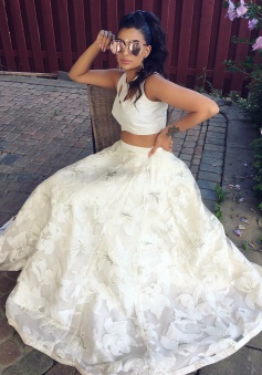 Two Piece Round Neck Floor-Length Keyhole White Lace Prom Dress