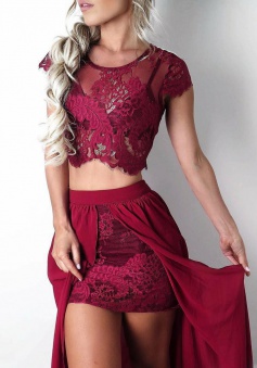 Two Piece Round Neck Burgundy Chiffon Prom Dress with Appliques