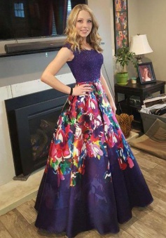 A-Line Off-the-Shoulder Dark Grape Floral Satin Prom Dress with Appliues