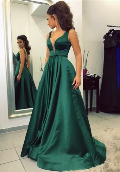 A-Line V-Neck Sweep Train Emerald Satin Prom Dress with Pockets