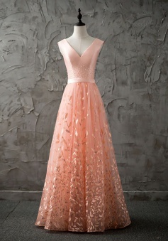 A-Line V-Neck Floor-Length Peach Lace Prom Dress with Beading