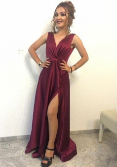 A-Line V-Neck Sweep Train Maroon Satin Prom Dress with Split