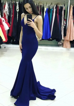 Mermaid Spaghetti Straps Backless Sweep Train Dark Blue Prom Dress