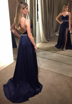 A-Line Spaghetti Straps Dark Blue Satin Prom Dress with Beading Split