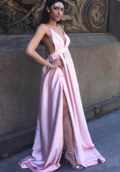 A-Line Deep V-Neck Backless Pink Satin Prom Dress with Split