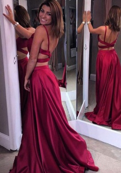 Two Piece V-Neck Backless Dark Red Satin Prom Dress