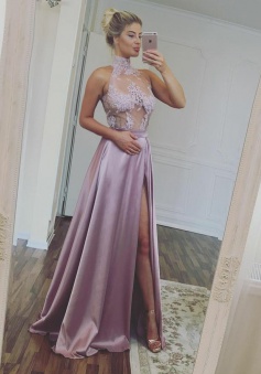 A-Line High Neck Illusion Top Lilac Satin Prom Dress with Appliques Split