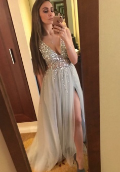 A-Line V-Neck Backless Light Gray Tulle Prom Dress with Beading Split