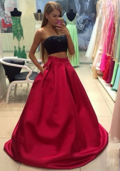 Two Piece Strapless Dark Red Satin Prom Dress with Beading Pockets