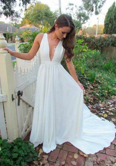 A-Line Deep V-Neck Sweep Train White Chiffon Prom Dress