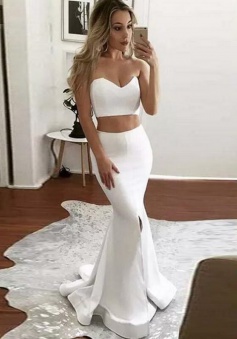 Two Piece Mermaid Sweetheart Sweep Train Ivory Prom Dress with Split