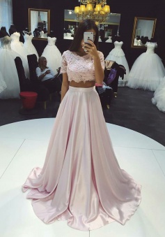 Two Piece Round Neck Short Sleeves Pearl Pink Appliques Prom Dress