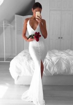 Mermaid Spaghetti Straps Backless White Lace Prom Dress with Split