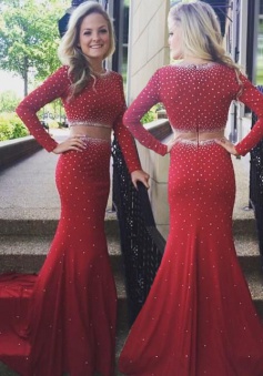 Elegant mermaid scoop beading long sleeve prom dress with sweep train