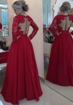 Sexy V-neck lace beading bowknot watermelon red long-sleeves floor--length prom dress