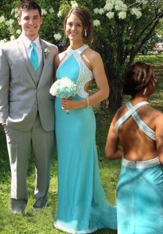 Elegant blue column halter  beading prom dress with sweep train 