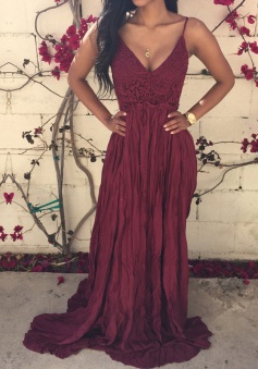 Sexy V-neck dark-red backless lace spaghetti-straps prom dress with sweep train