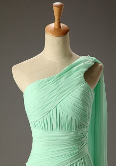 Simple A-line One Shoulder Chiffon Empire Long Mint Backless Prom Dress With Ruffles
