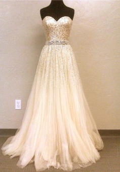 Elegant A-line Sweetheart Floor Length Tulle Sequin Prom Dress