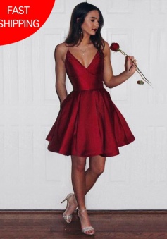 A-Line Spaghetti Straps Short Dark Red Satin Homecoming Dress with Pockets