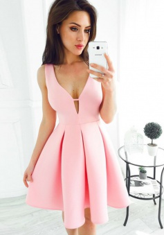 Simple A-Line V-Neck Short Pleated Pink Satin Homecoming Dress