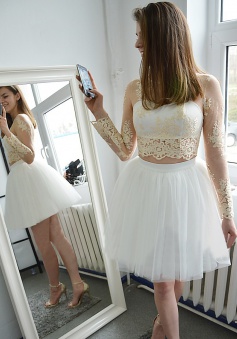 Two Piece Bateau Short White Tulle Homecoming Dress with Appliques Sleeves