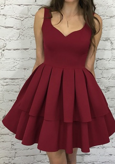 A-Line Scoop Short Burgundy Tiered Elastic Satin Homecoming Dress