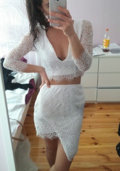 Two Piece Sheath V-Neck 3/4 Sleeves Short White Lace Homecoming Dress