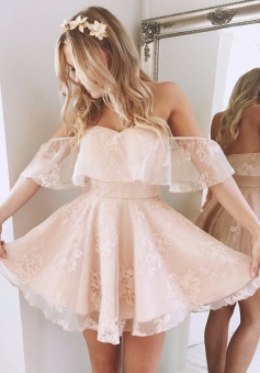 A-Line Off-the-Shoulder Short Pearl Pink Lace Homecoming Dress with Ruffle