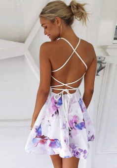 A-Line V-Neck Lace-up Short Floral Polyester Homecoming Dress